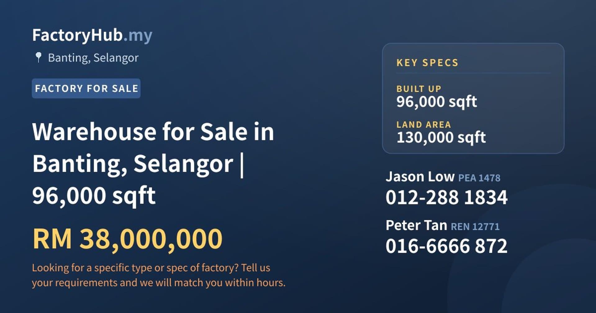 Warehouse for Sale in Banting, Selangor | 96,000 sqft - Property image 1 of 2
