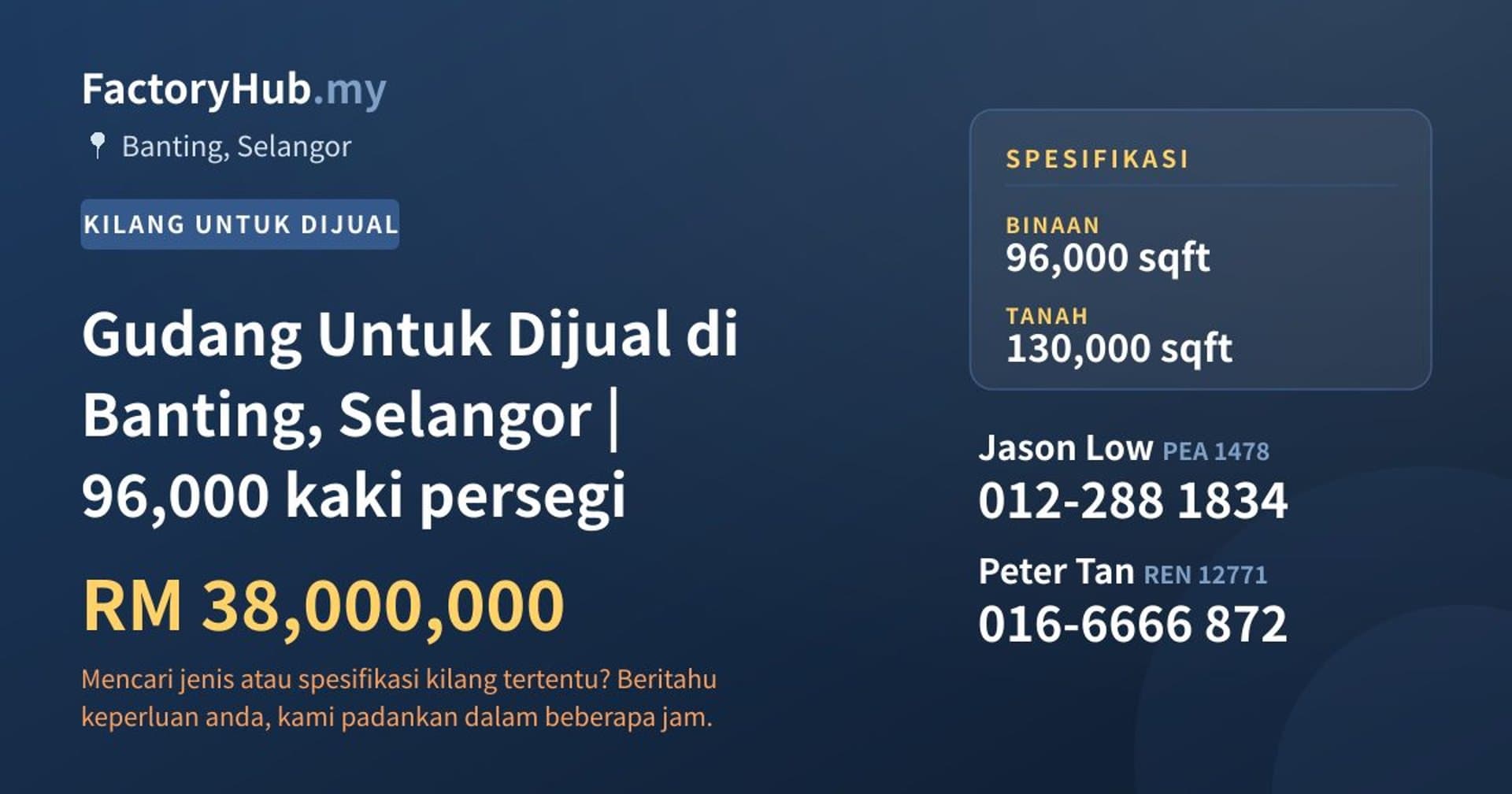 Gudang Untuk Dijual di Banting, Selangor | 96,000 kaki persegi · Imej hartanah 1/2
