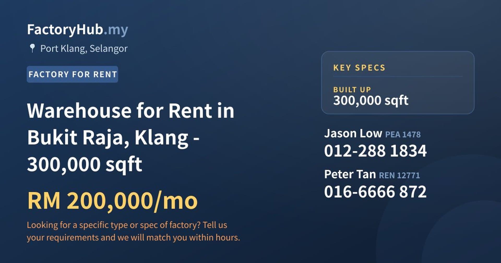 Warehouse for Rent in Bukit Raja, Klang - 300,000 sqft - Property image 1 of 2