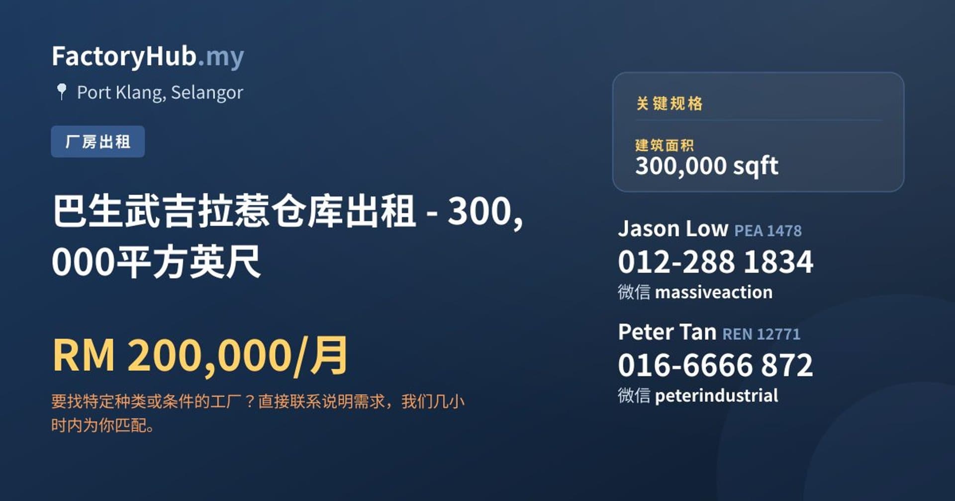 巴生武吉拉惹仓库出租 - 300,000平方英尺 · 房源图片 1/2