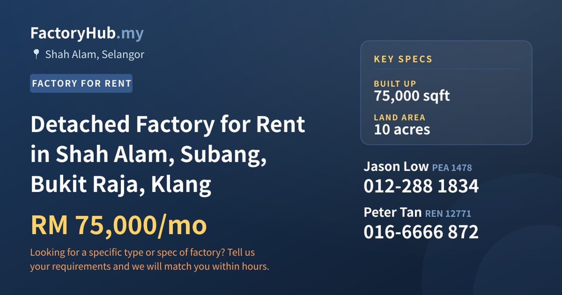 Detached Factory for Rent in Shah Alam, Subang, Bukit Raja, Klang - Property image 1 of 2