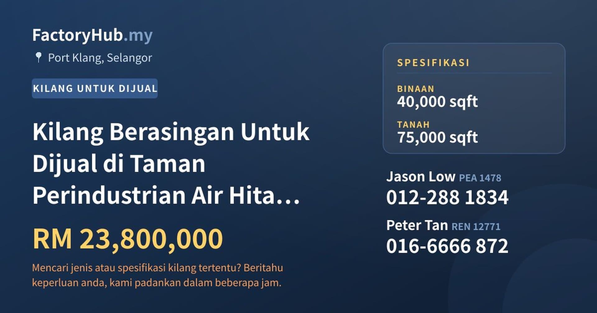 Kilang Berasingan Untuk Dijual di Taman Perindustrian Air Hitam, Klang · Imej hartanah 1/2