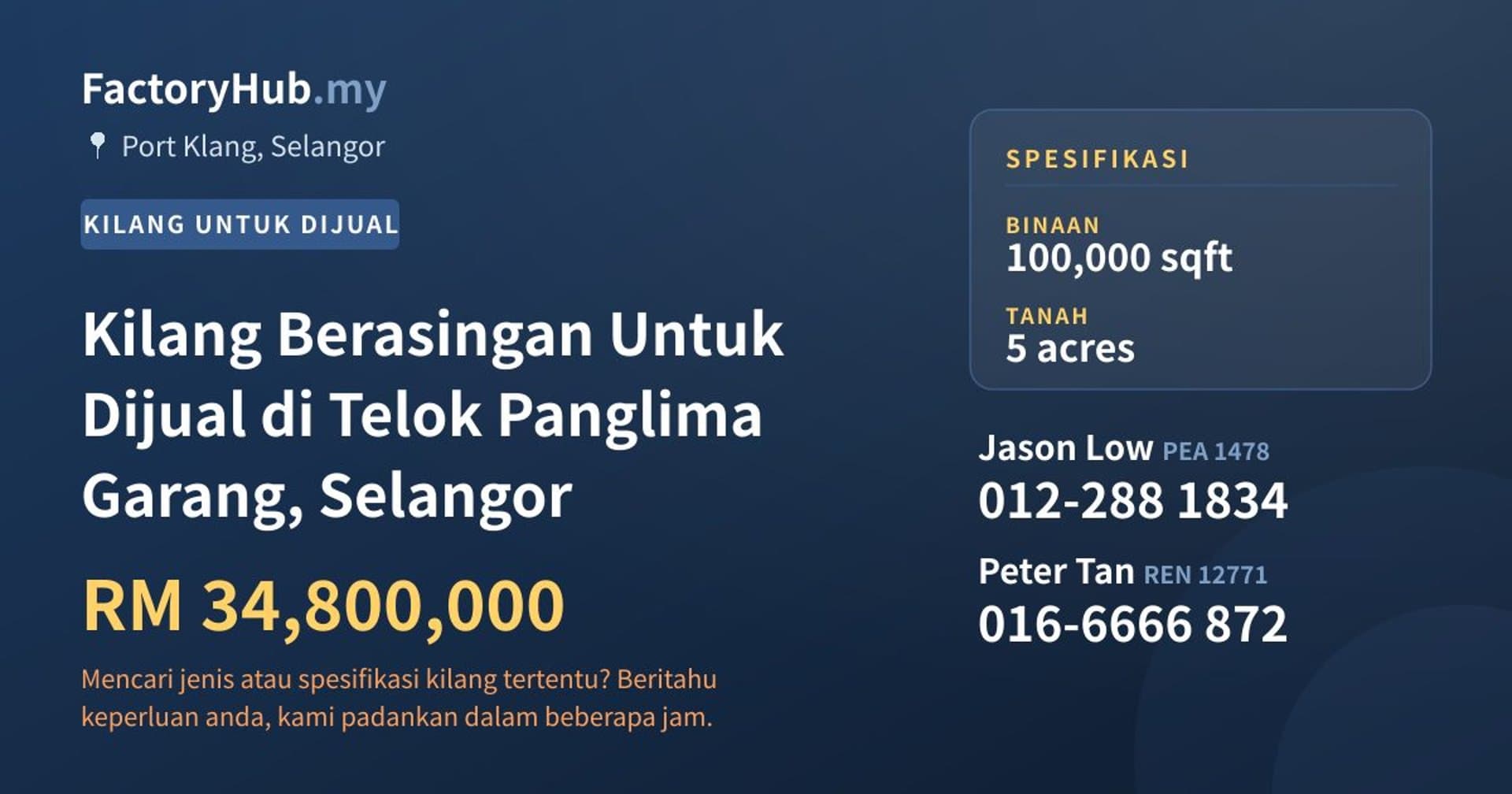 Kilang Berasingan Untuk Dijual di Telok Panglima Garang, Selangor · Imej hartanah 1/2