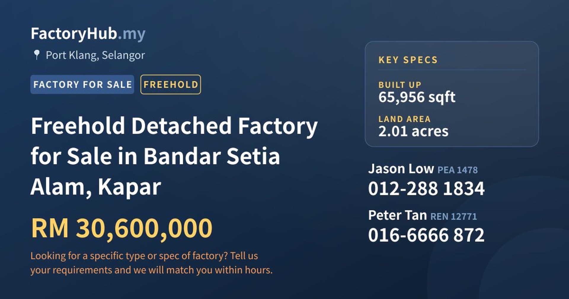 Freehold Detached Factory for Sale in Bandar Setia Alam, Kapar - Property image 1 of 2