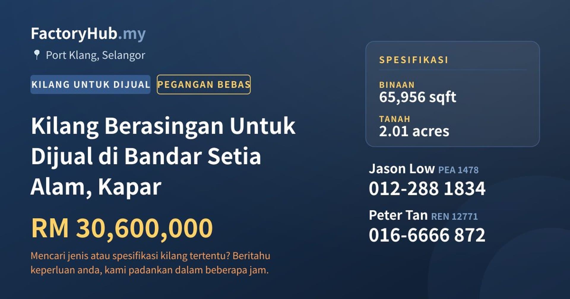 Kilang Berasingan Untuk Dijual di Bandar Setia Alam, Kapar · Imej hartanah 1/2