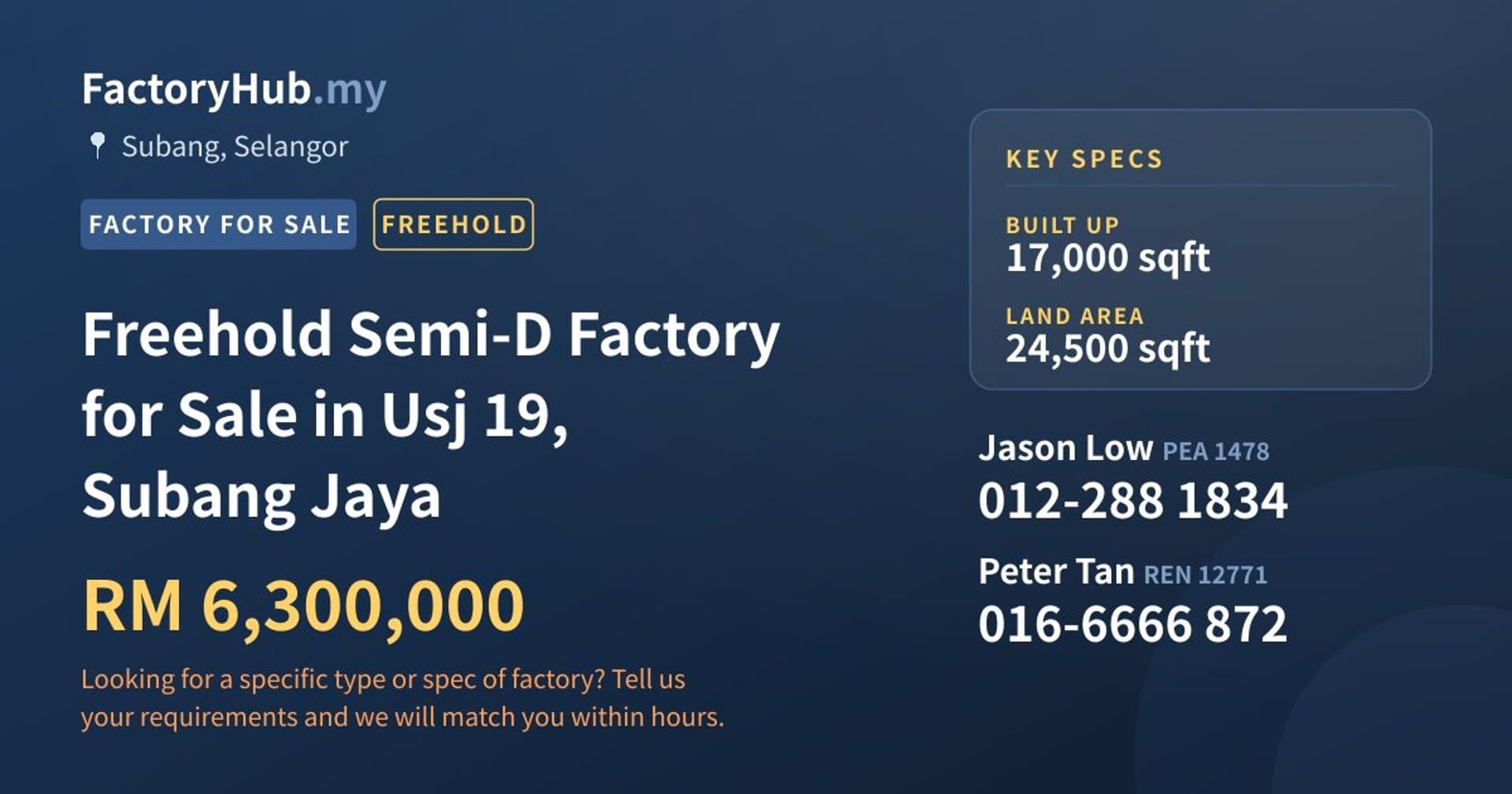 Freehold Semi-D Factory for Sale in Usj 19, Subang Jaya - Property image 1 of 2