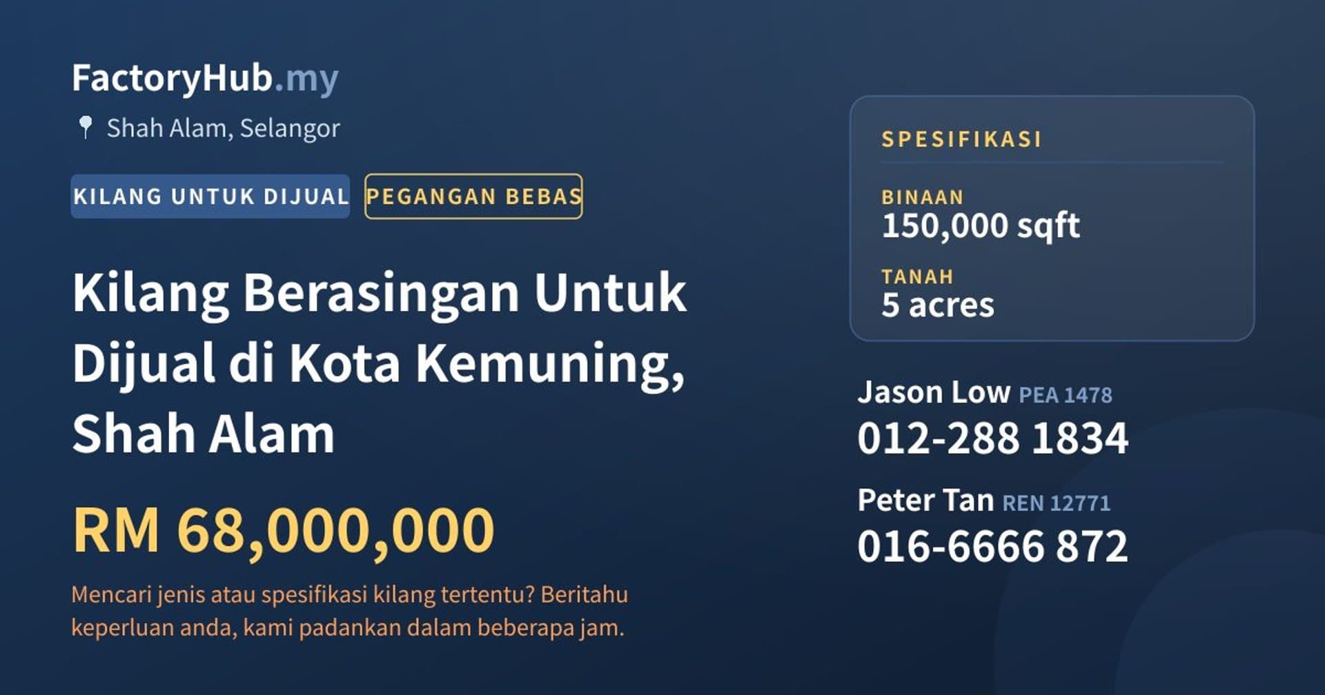 Kilang Berasingan Untuk Dijual di Kota Kemuning, Shah Alam · Imej hartanah 1/2