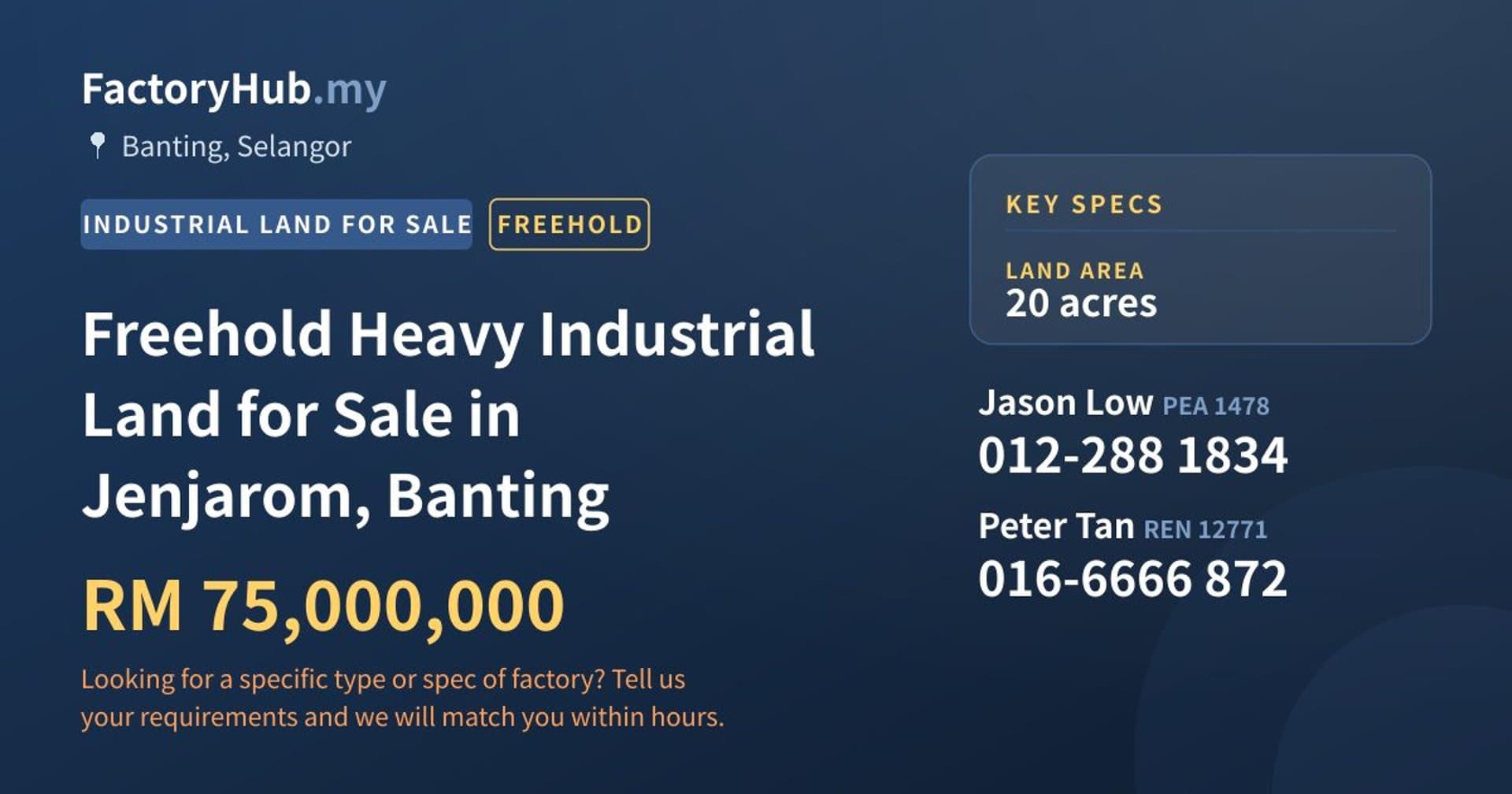 Freehold Heavy Industrial Land for Sale in Jenjarom, Banting - Property image 1 of 2