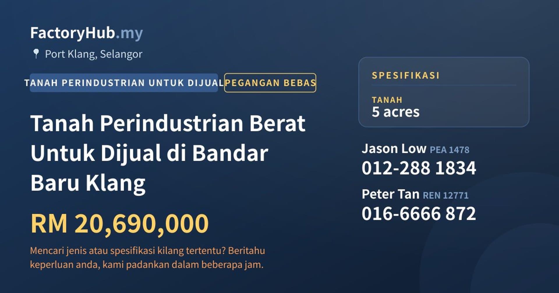 Tanah Perindustrian Berat Untuk Dijual di Bandar Baru Klang · Imej hartanah 1/2