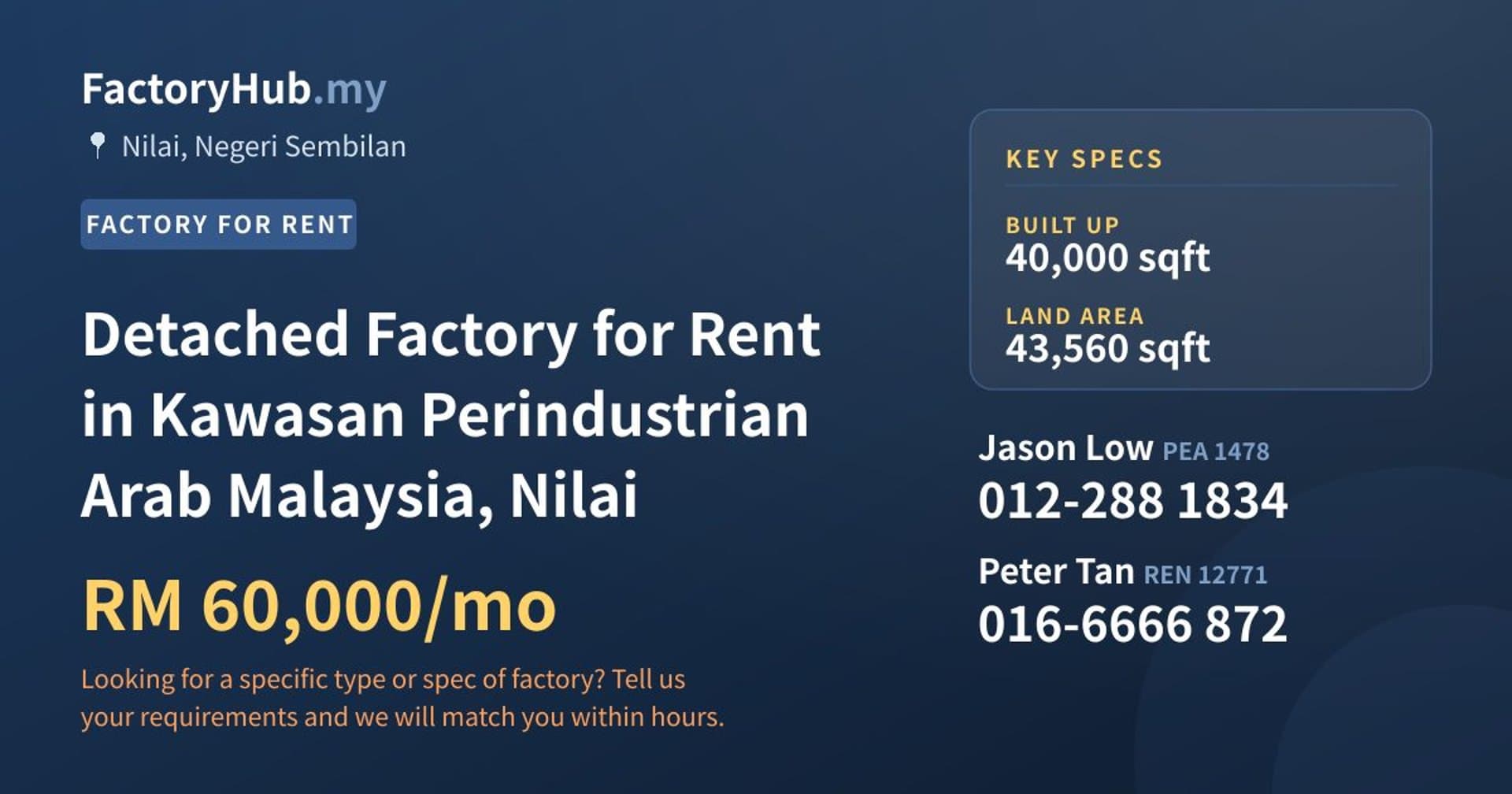 Detached Factory for Rent in Kawasan Perindustrian Arab Malaysia, Nilai - Property image 1 of 2