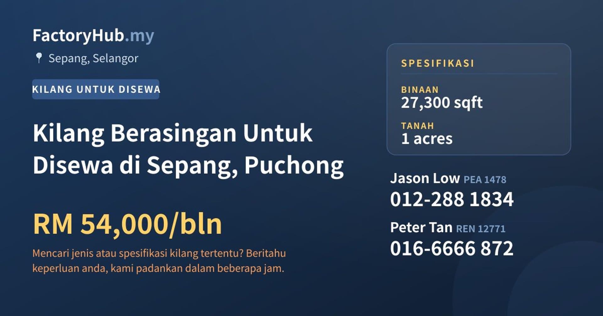Kilang Berasingan Untuk Disewa di Sepang, Puchong · Imej hartanah 1/2