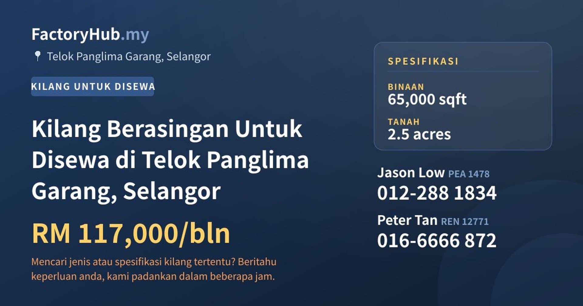 Kilang Berasingan Untuk Disewa di Telok Panglima Garang, Selangor · Imej hartanah 1/2