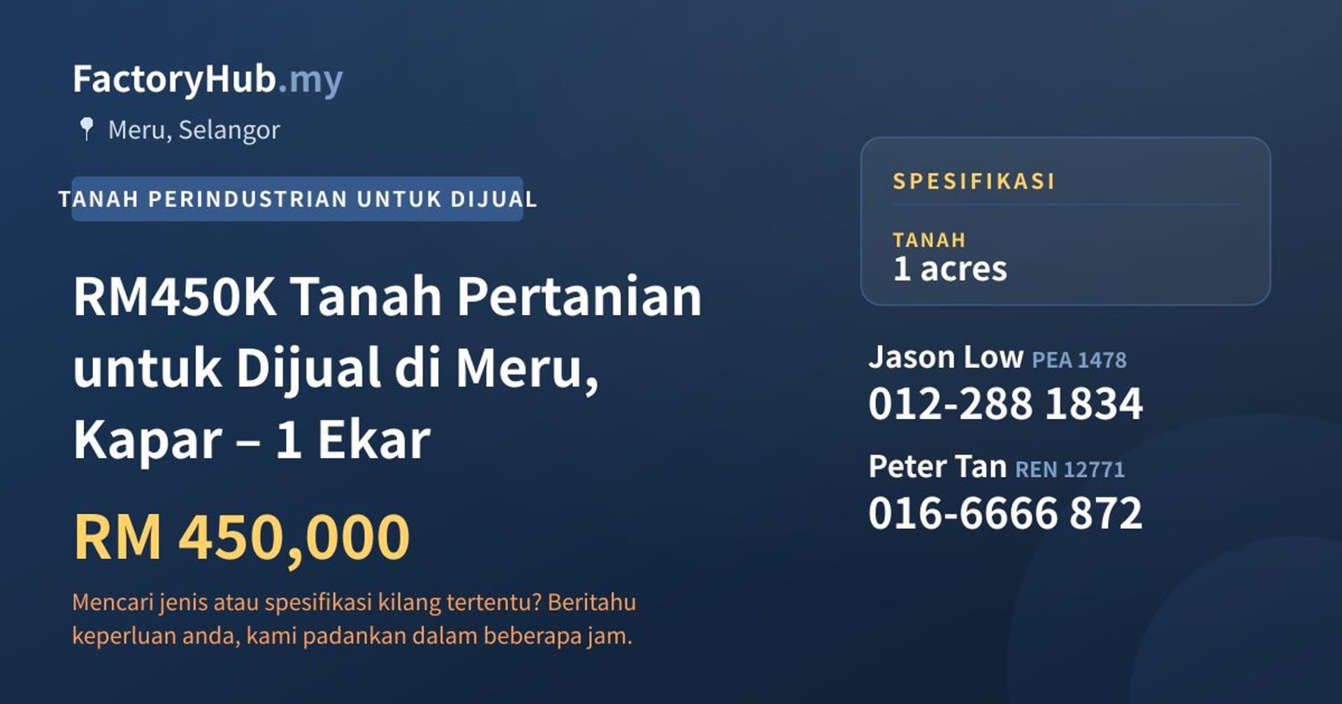 RM450K Tanah Pertanian untuk Dijual di Meru, Kapar – 1 Ekar · Imej hartanah 1/4