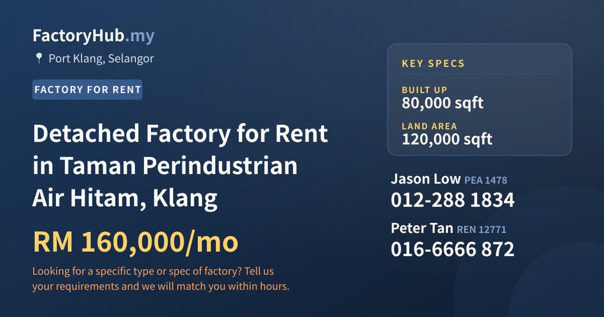 Detached Factory for Rent in Taman Perindustrian Air Hitam, Klang - Property image 1 of 2
