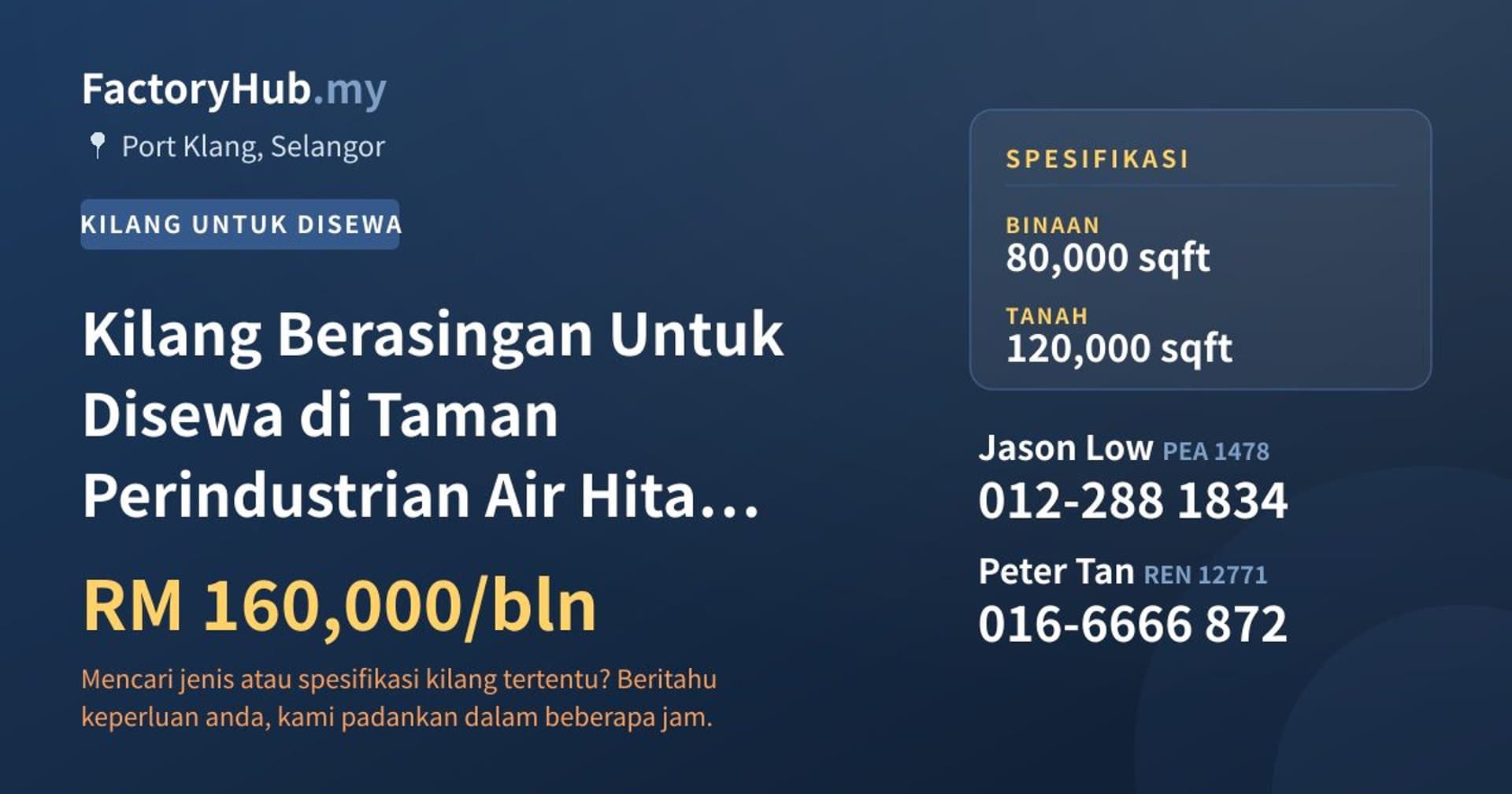 Kilang Berasingan Untuk Disewa di Taman Perindustrian Air Hitam, Klang · Imej hartanah 1/2