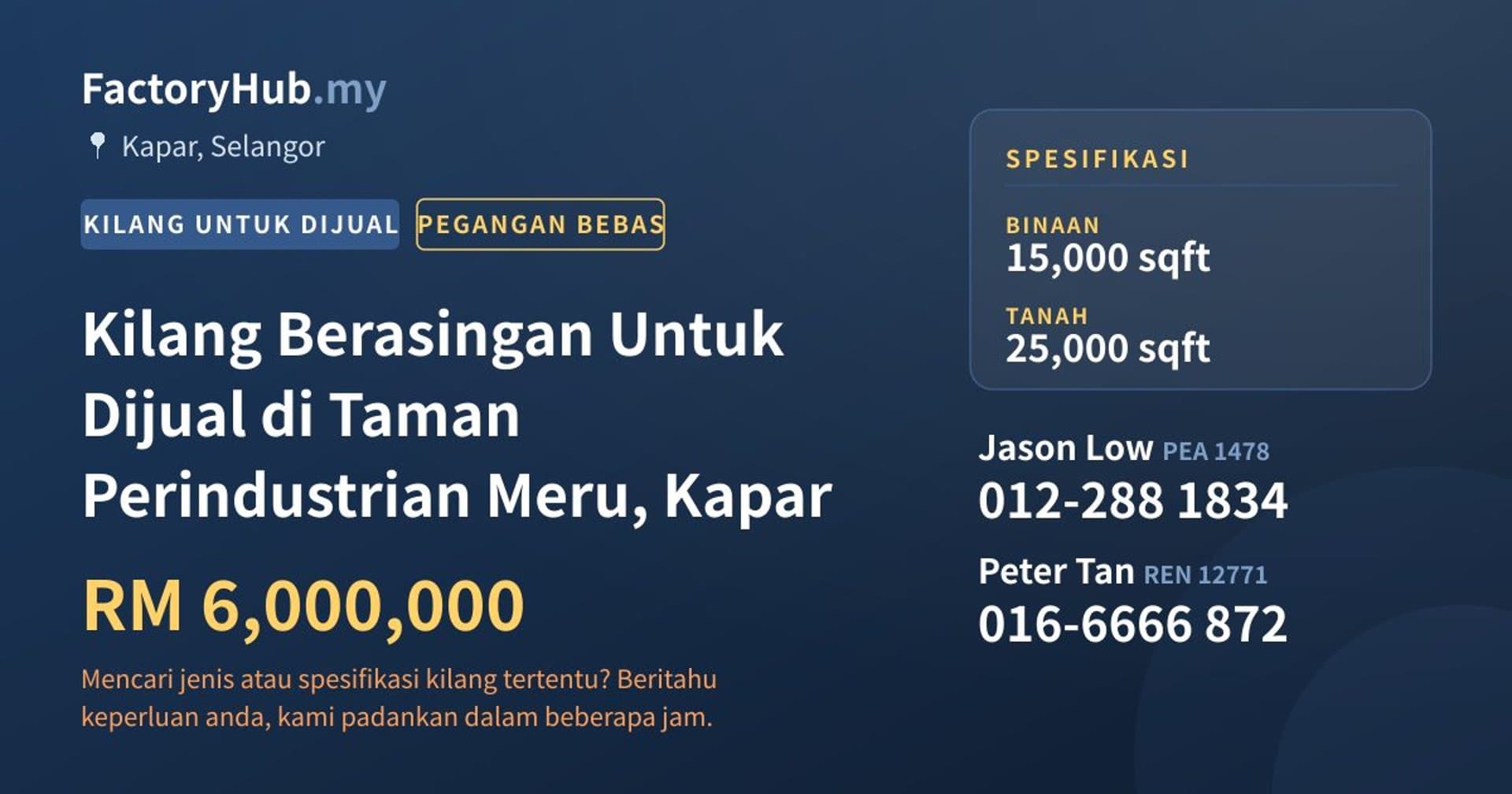 Kilang Berasingan Untuk Dijual di Taman Perindustrian Meru, Kapar · Imej hartanah 1/2