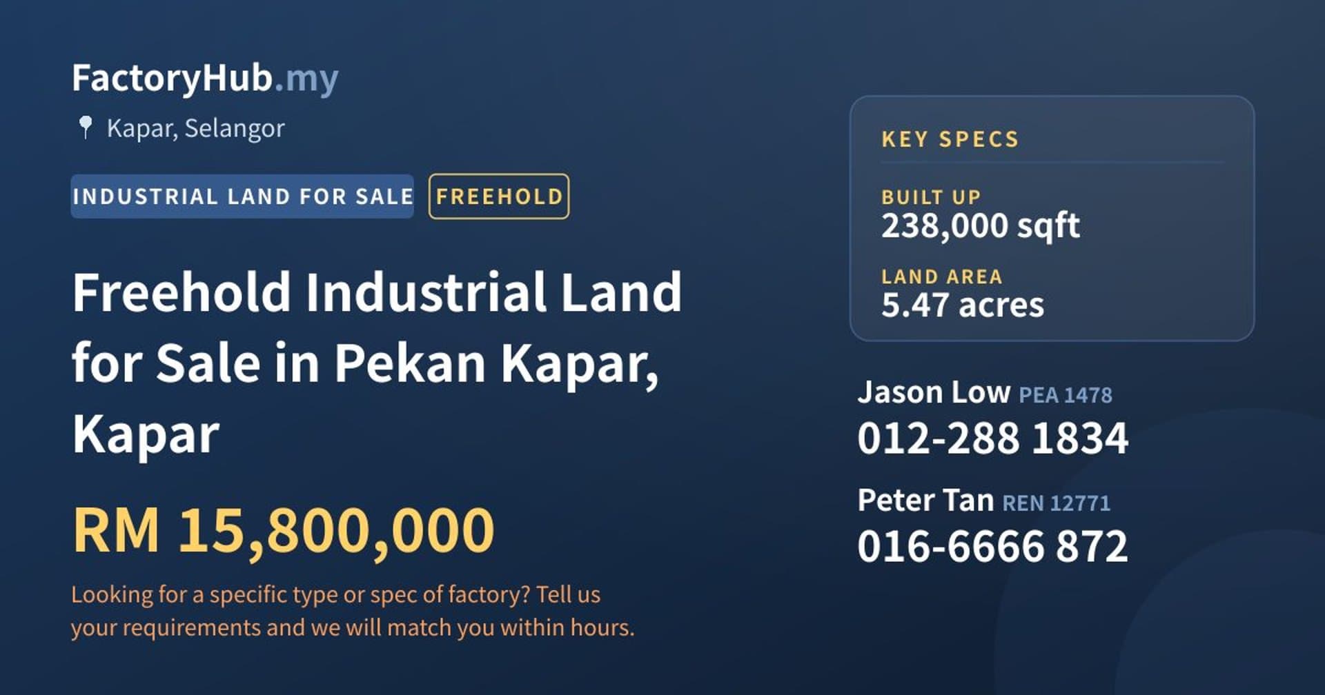Freehold Industrial Land for Sale in Pekan Kapar, Kapar - Property image 1 of 2