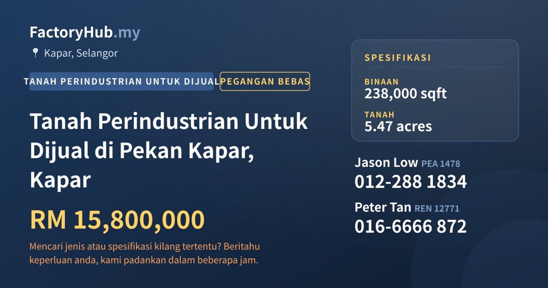 Tanah Perindustrian Untuk Dijual di Pekan Kapar, Kapar · Imej hartanah 1/2