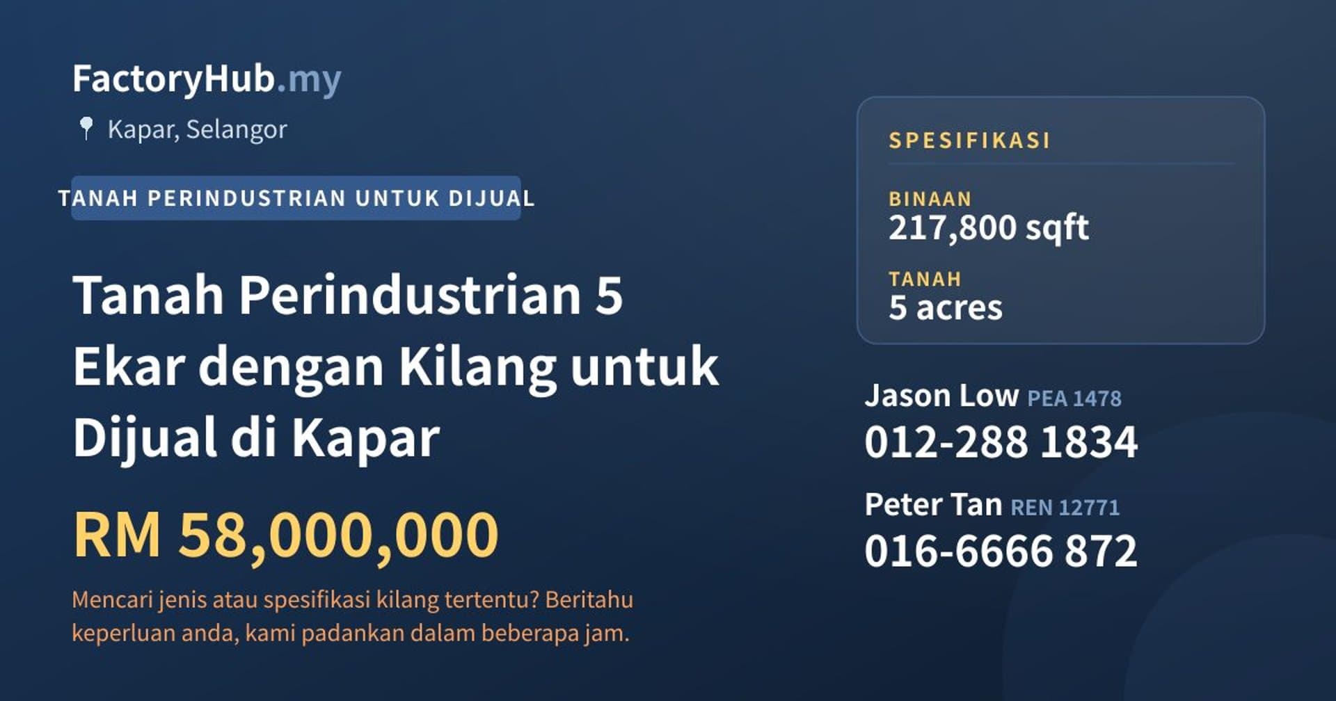 Tanah Perindustrian 5 Ekar dengan Kilang untuk Dijual di Kapar · Imej hartanah 1/2