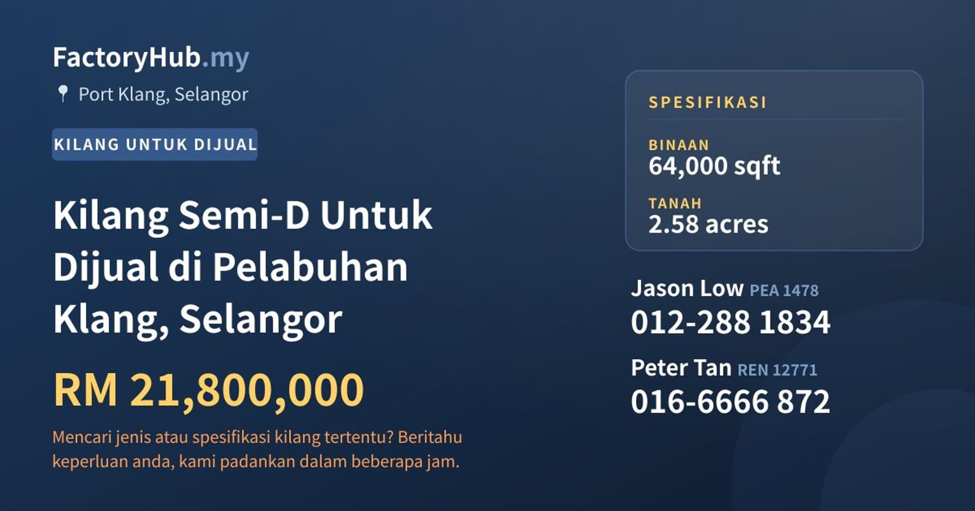 Kilang Semi-D Untuk Dijual di Pelabuhan Klang, Selangor · Imej hartanah 1/2