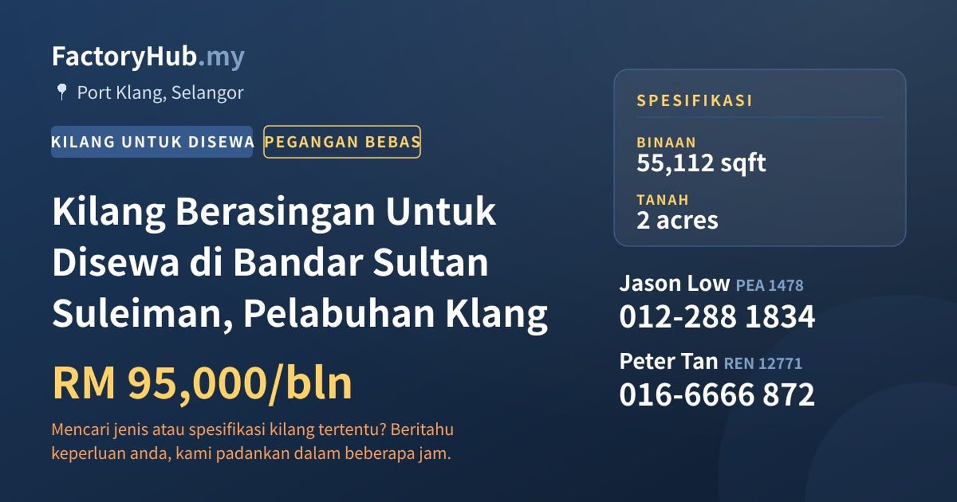 Kilang Berasingan Untuk Disewa di Bandar Sultan Suleiman, Pelabuhan Klang · Imej hartanah 1/2