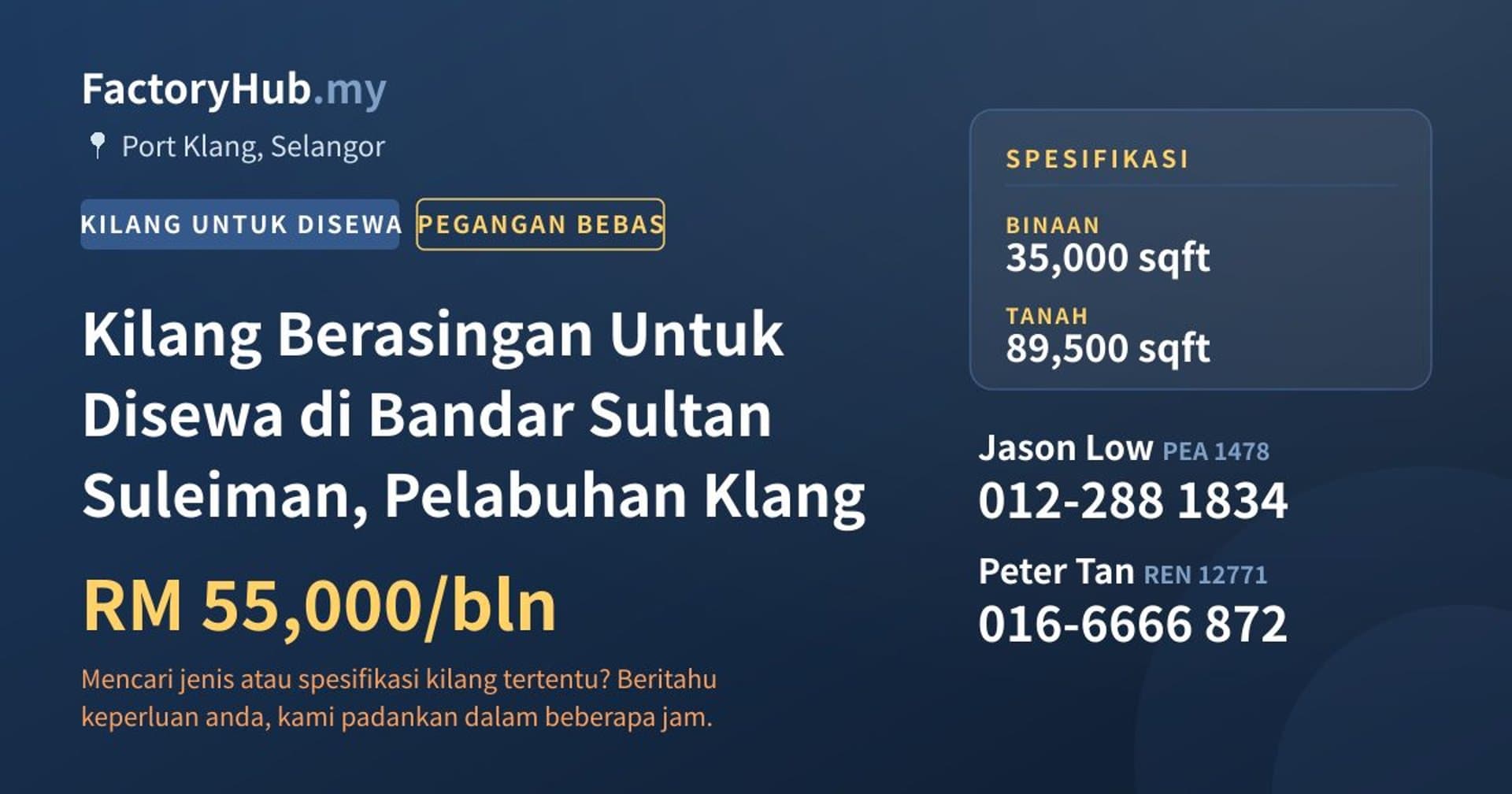 Kilang Berasingan Untuk Disewa di Bandar Sultan Suleiman, Pelabuhan Klang · Imej hartanah 1/2