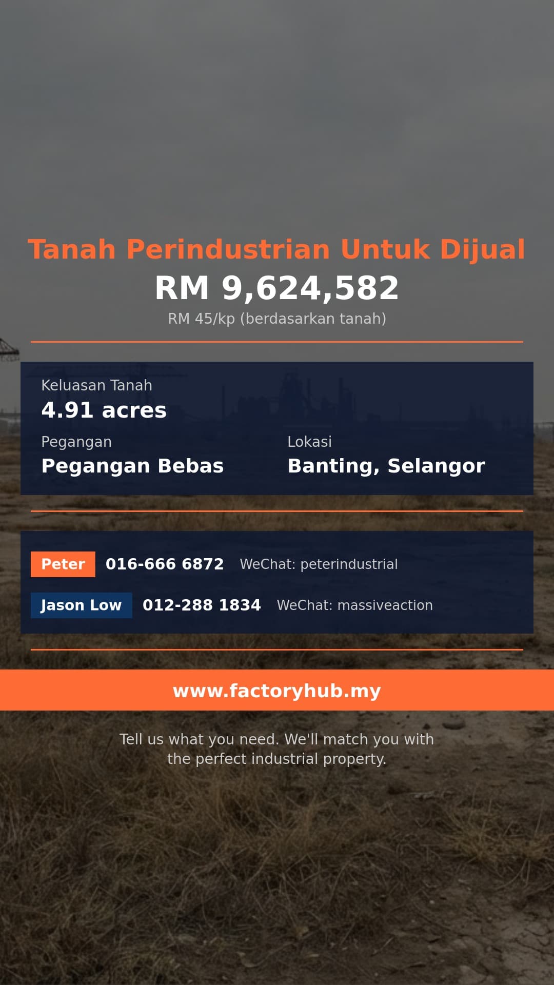 Tanah Untuk Dijual - RM9.6J Pegangan Bebas Tanah Industri Zon Pertanian di Banting – 4.9ac - Banting, Selangor Tanah Untuk Dijual - RM9.6J Pegangan Bebas Tanah Industri Zon Pertanian di Banting – 4.9ac - Banting, Selangor