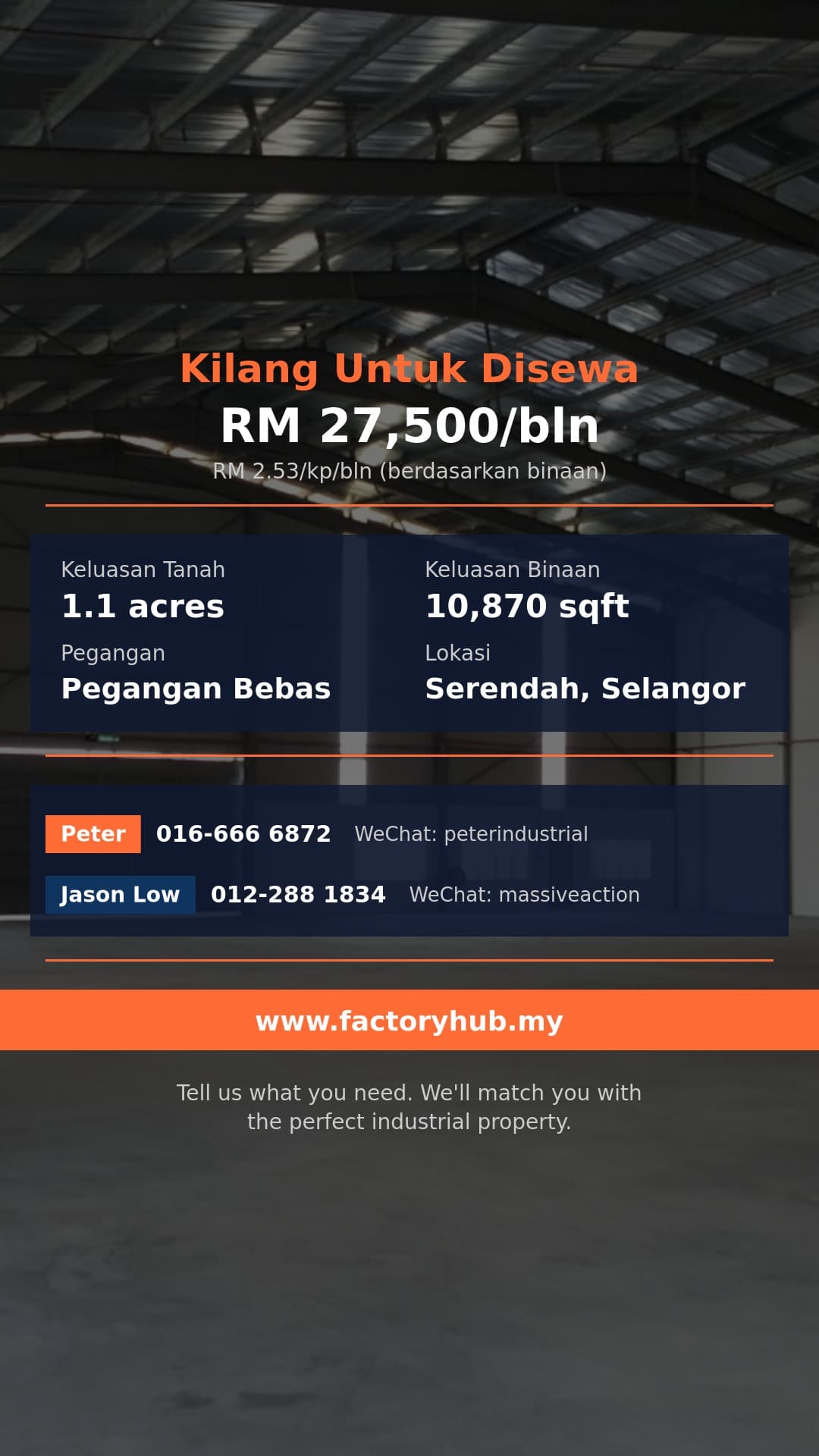 Kilang Untuk Disewa - Kilang Sisi Terbuka untuk Disewa di Sungai Buaya – RM27.5K 10,870kp - Serendah, Selangor Kilang Untuk Disewa - Kilang Sisi Terbuka untuk Disewa di Sungai Buaya – RM27.5K 10,870kp - Serendah, Selangor