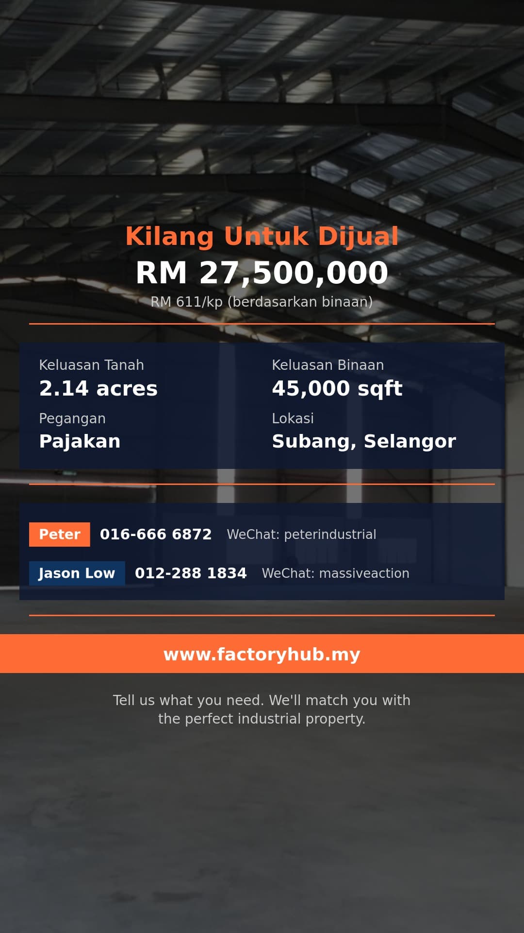 Kilang Untuk Dijual - RM27.5J Kilang Berasingan untuk Dijual di Kampung Subang – 45,000kp - Subang, Selangor Kilang Untuk Dijual - RM27.5J Kilang Berasingan untuk Dijual di Kampung Subang – 45,000kp - Subang, Selangor